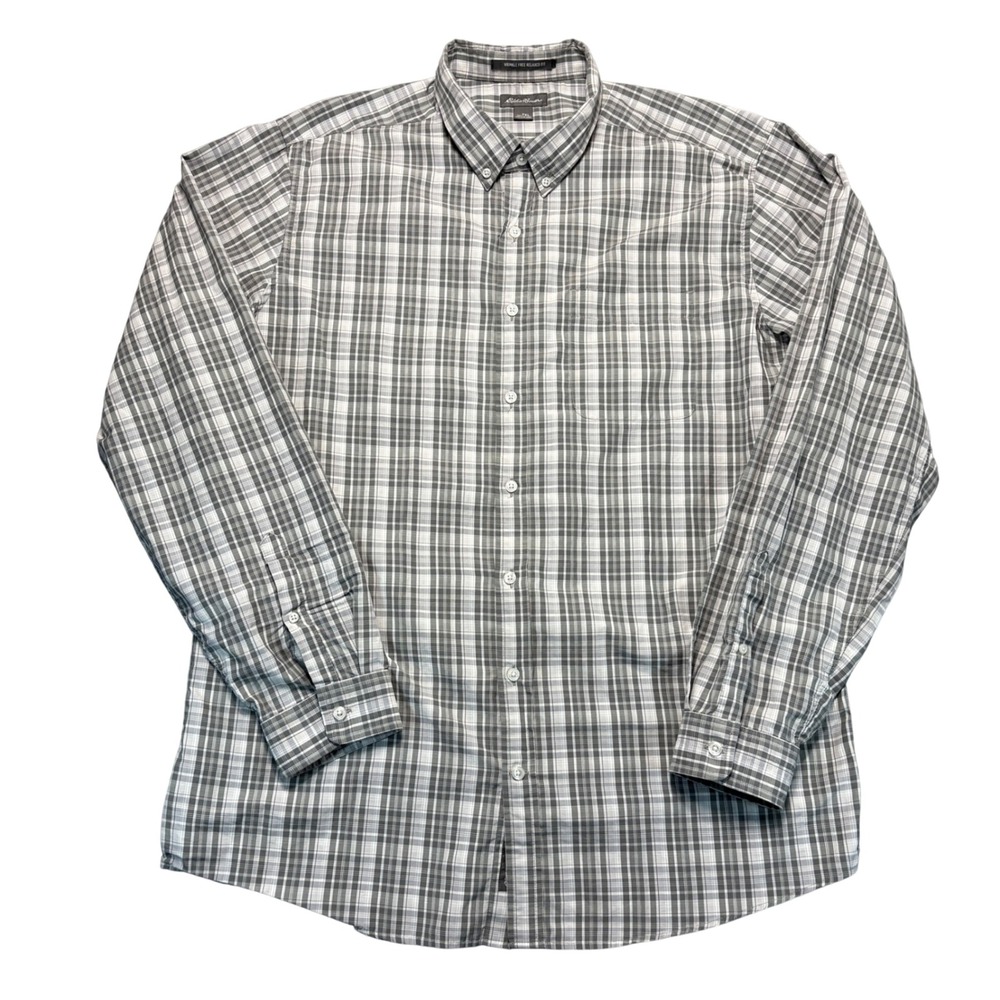 Eddie Bauer Mens Gray Plaid Wrinkle Free Relaxed Fit Button Down Shirt TXL